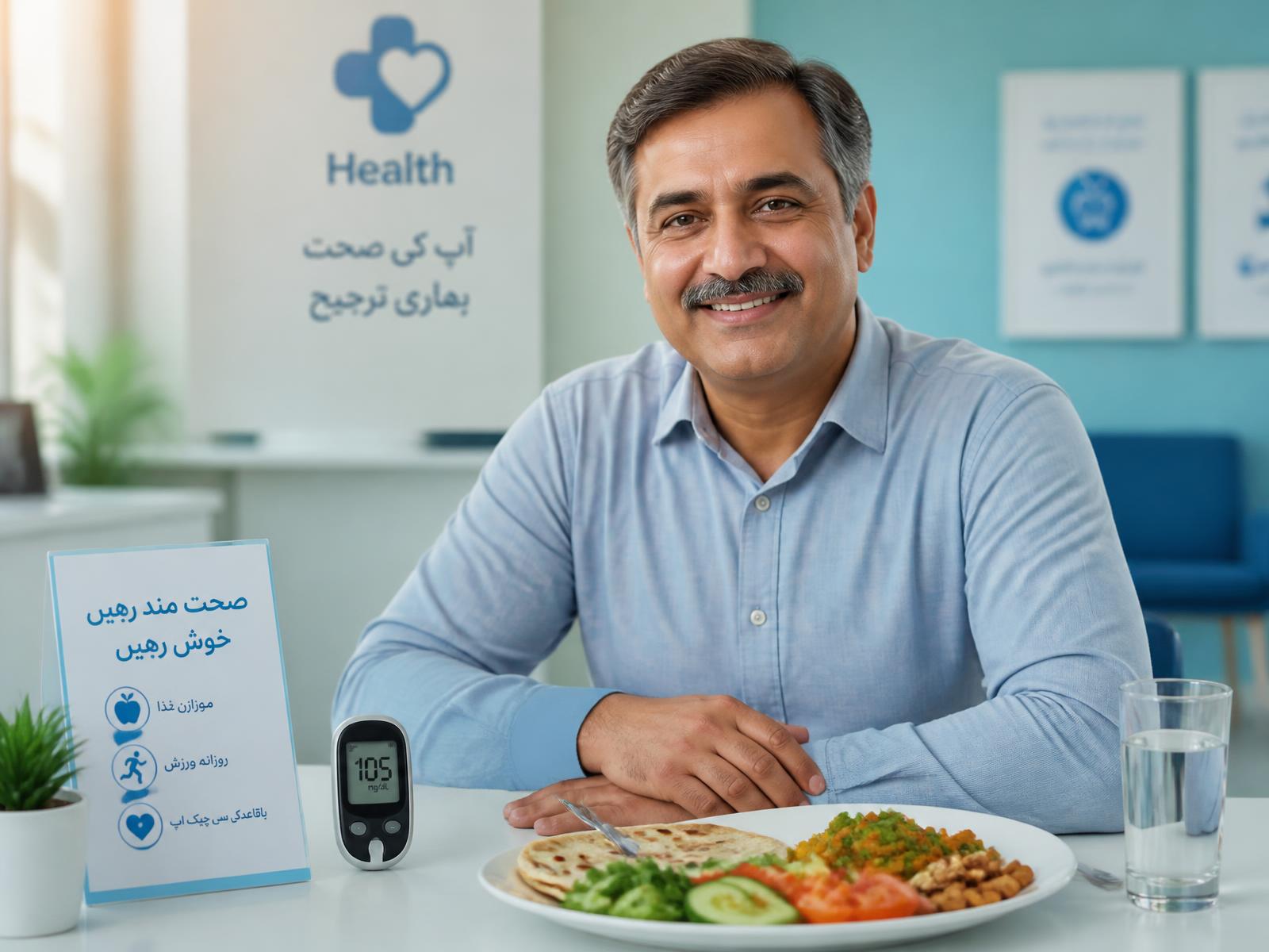 A man with diabetes sitting with a glucose meter and a balanced plate of food at a clinic